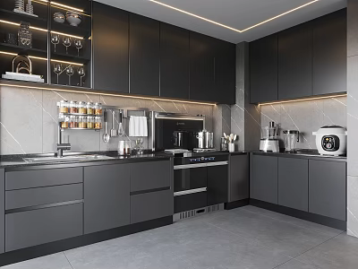 Modern Kitchen Interior Design With Dark Cabinets Island Counter And Appliances 3d model