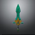 Green and Gold Fantasy Sword with Ornate Hilt and Decorative Blade Design