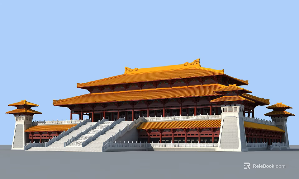 Traditional Chinese Ancient Imperial Palace With Yellow Roof And Stone Steps 3d model 