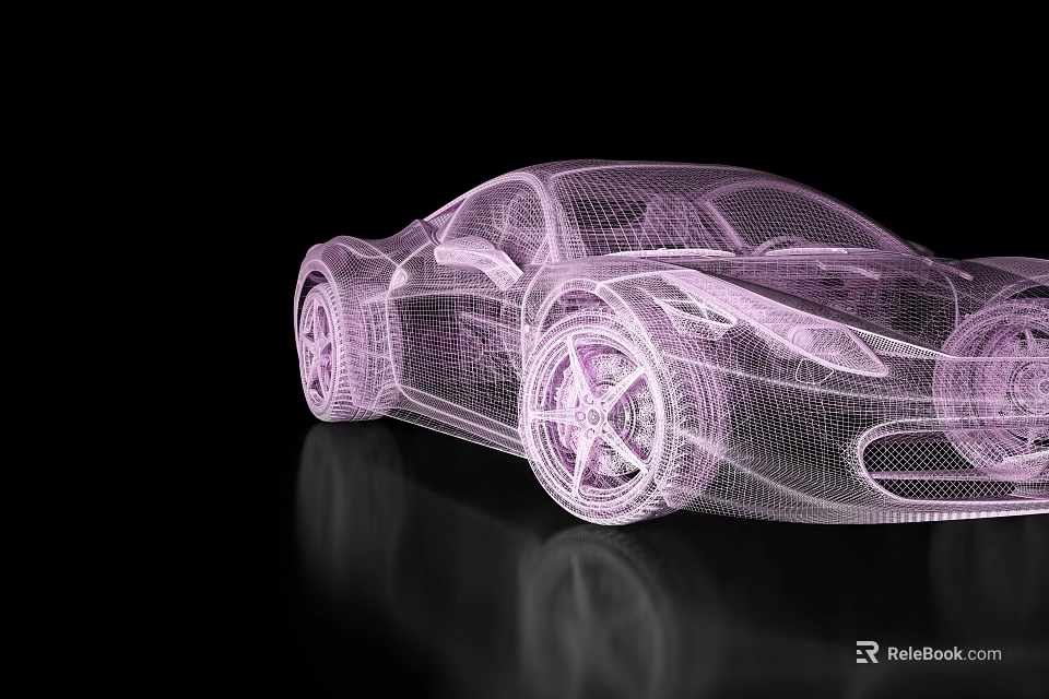 3D Pink Wireframe Sports Car Model On Black Background With Reflection 3d model 