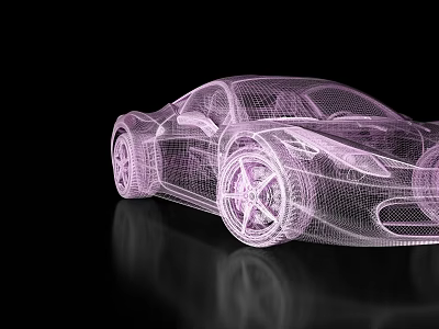 3D Pink Wireframe Sports Car Model On Black Background With Reflection 3d model
