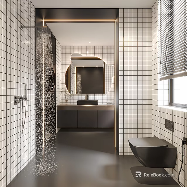 Modern Bathroom Interior With White Grid Tiles Black Vanity Round Mirror Toilet Shower And Window 3d model 