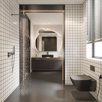 Modern Bathroom Interior With White Grid Tiles Black Vanity Round Mirror Toilet Shower And Window 3d model