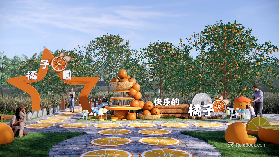 Cheerful Orange Orchard Park Landscape With Stacked Oranges Orange Slice Shaped Ground And People Enjoying 3d model 