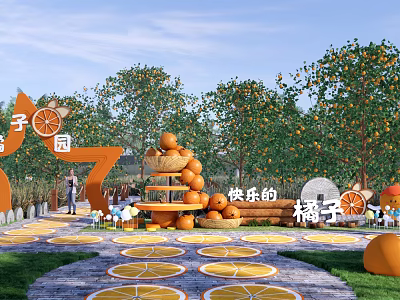 Cheerful Orange Orchard Park Landscape With Stacked Oranges Orange Slice Shaped Ground And People Enjoying 3d model