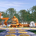 Cheerful Orange Orchard Park Landscape With Stacked Oranges Orange Slice Shaped Ground And People Enjoying