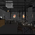 Industrial Style Restaurant Interior With Wooden Bar Metal Structures Dining Tables And Pendant Lights