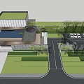 Modern Garden Landscape With Blue Paved Ground Green Tree Gray Stone Wall And Modern Building