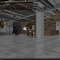 Industrial Style Restaurant Interior With Robot Decorations Wooden Ceiling Bar Counter And Wine Racks