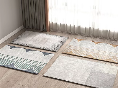 Square Rugs with Various Geometric Patterns on Wooden Floor in Bright Room 3d model