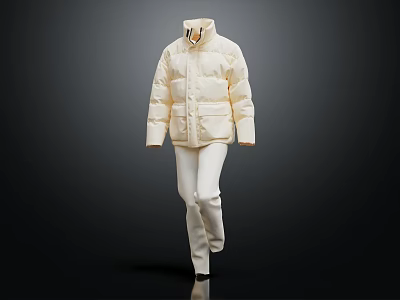 Beige Down Jacket With Stand Collar Zipper Closure And White Pants Winter Outfit 3d model