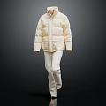 Beige Down Jacket With Stand Collar Zipper Closure And White Pants Winter Outfit