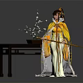 Yellow And White Traditional Attire Female Headpiece Holding Staff By Dark Table With Branched Plant