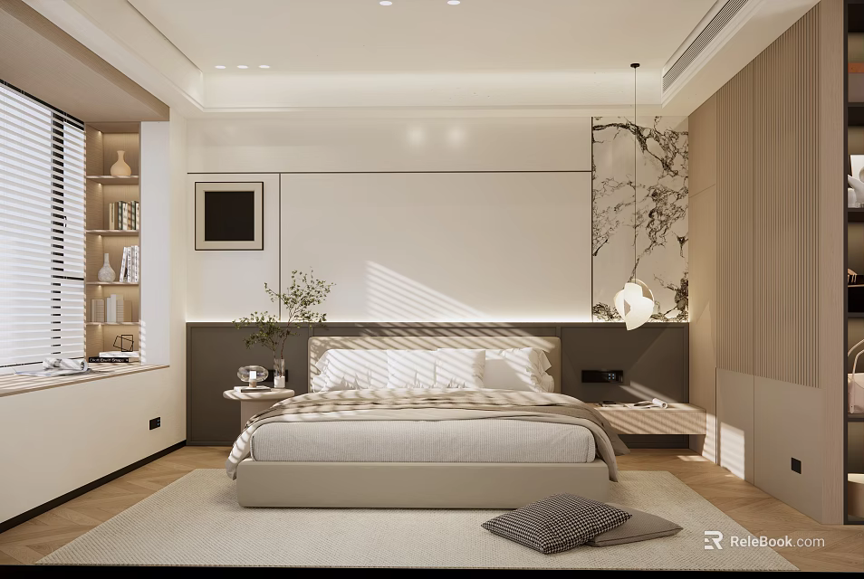 Modern Minimalist Bedroom Interior With Beige Bed Wooden Floor And Decorative Painting 3d model 