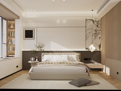 Modern Minimalist Bedroom Interior With Beige Bed Wooden Floor And Decorative Painting 3d model