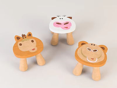 Cute Wooden Animal Shaped Stools for Children with Horse Cow Bear Designs 3d model