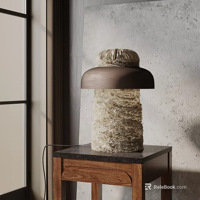Woven Textured Table Lamp With Dark Brown Dome Shade On Black Wooden Cabinet 3d model 