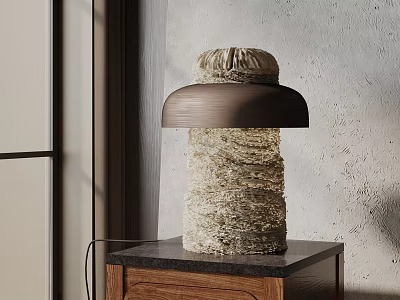 Woven Textured Table Lamp With Dark Brown Dome Shade On Black Wooden Cabinet 3d model