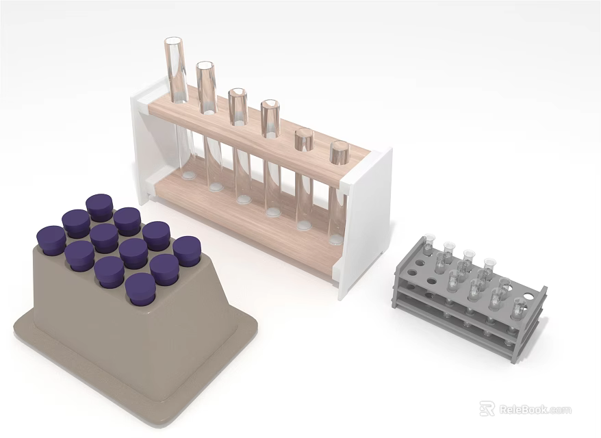 Laboratory Test Tubes in Rack with Purple Caps and Gray Multi Well Plate 3d model 