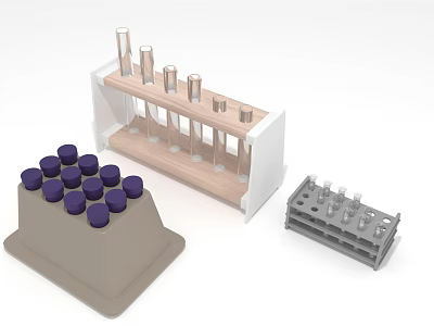 Laboratory Test Tubes in Rack with Purple Caps and Gray Multi Well Plate 3d model
