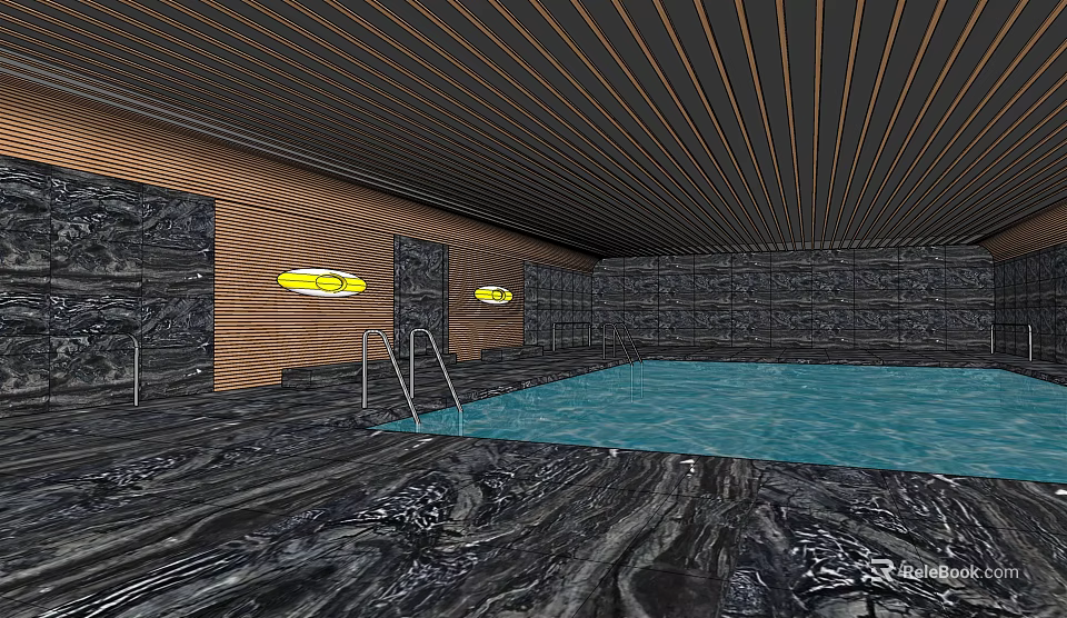 Modern Indoor Swimming Pool Interior Featuring Wooden Striped Ceiling Stone Textured Walls And Metal Handrails 3d model 