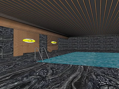 Modern Indoor Swimming Pool Interior Featuring Wooden Striped Ceiling Stone Textured Walls And Metal Handrails 3d model