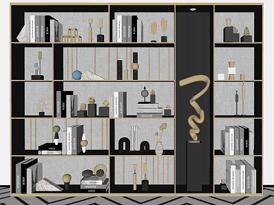 Elegant Modern Bookcase Design With Shelves Books Decorative Sculptures Gold Accents And Vases 3d model