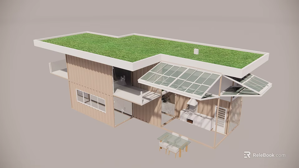 Modern Container Building with Green Roof Glass Skylights Light Wood Exterior and Outdoor Terrace 3d model 