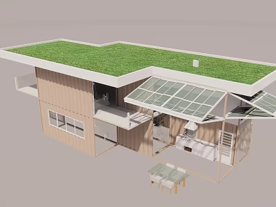 Modern Container Building with Green Roof Glass Skylights Light Wood Exterior and Outdoor Terrace 3d model