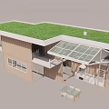 Modern Container Building with Green Roof Glass Skylights Light Wood Exterior and Outdoor Terrace