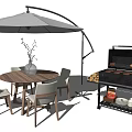 Outdoor Patio Table and Chair Set with Umbrella Grill and Decorative Vase
