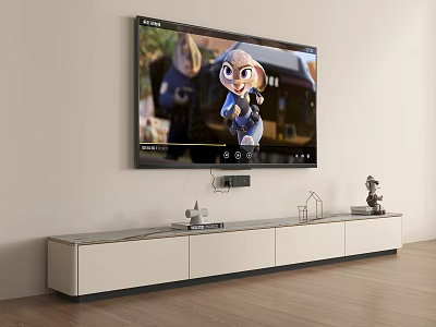Modern White TV Stand With Wall Mounted TV And Decorative Storage Items 3d model