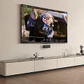 Modern White TV Stand With Wall Mounted TV And Decorative Storage Items