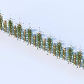 Row of Garden Decorative Pillars Wrapped in Green Vines Neatly Arranged On Light Blue Background