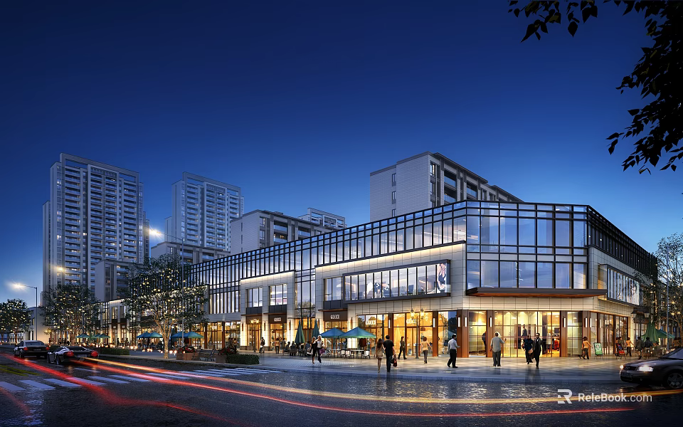 Lively Commercial Street With Modern Buildings Illuminated At Night Pedestrian Walkway Shops Restaurants And People 3d model 