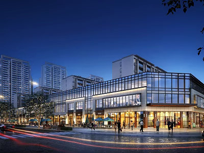 Lively Commercial Street With Modern Buildings Illuminated At Night Pedestrian Walkway Shops Restaurants And People 3d model