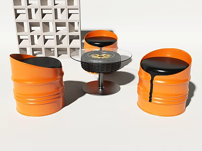 Orange Barrel Shaped Chairs with Black Seats and Glass Top Table Set 3d model