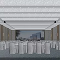 Modern Banquet Hall With Round Tables White Tablecloths Wooden Walls And City View Screen