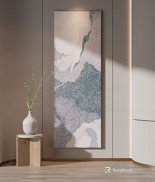 Abstract Decorative Painting With Blue Green Pattern And White Vase On Wooden Table 3d model 