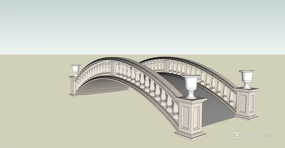 Elegant Arched Landscape Bridge With Decorative Railings And Stone Vases 3d model 