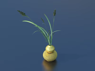 Bonsai Plant with Golden Textured Pot and Long Green Leaves Spiky Tops on Blue Surface 3d model