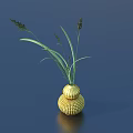 Bonsai Plant with Golden Textured Pot and Long Green Leaves Spiky Tops on Blue Surface