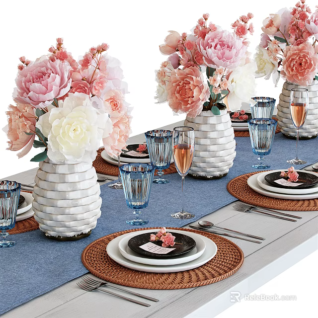 Elegant Dinnerware Set With Floral Vases Glassware Plates And Woven Placemats 3d model 