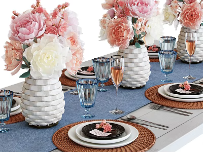 Elegant Dinnerware Set With Floral Vases Glassware Plates And Woven Placemats 3d model