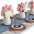 Elegant Dinnerware Set With Floral Vases Glassware Plates And Woven Placemats