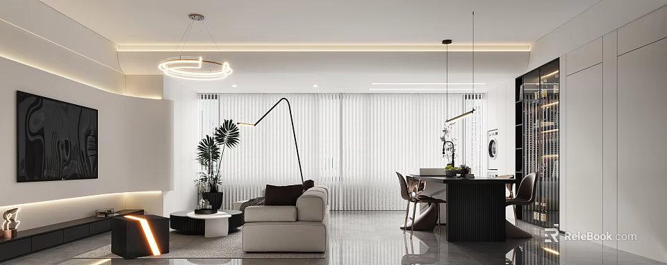 Modern Living And Dining Room Interior Design With Pendant Lighting Sofa Dining Table And Plants 3d model 