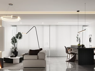 Modern Living And Dining Room Interior Design With Pendant Lighting Sofa Dining Table And Plants 3d model