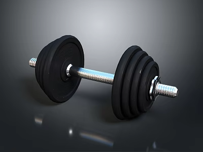 Black Fitness Dumbbell With Stacked Weight Plates On Reflective Surface 3d model
