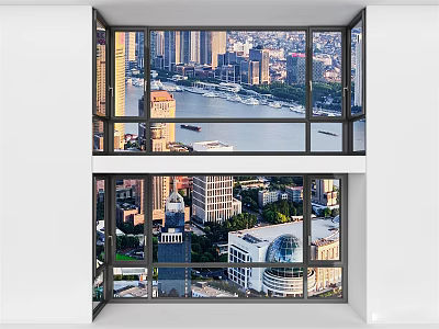 High Angle City View Through Window With Skyscrapers River And Dome Buildings 3d model
