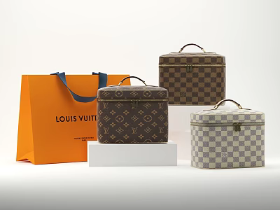 Louis Vuitton Stylish Luggage Boxes With Classic Monogram Checkerboard Patterns And Orange Shopping Bag 3d model